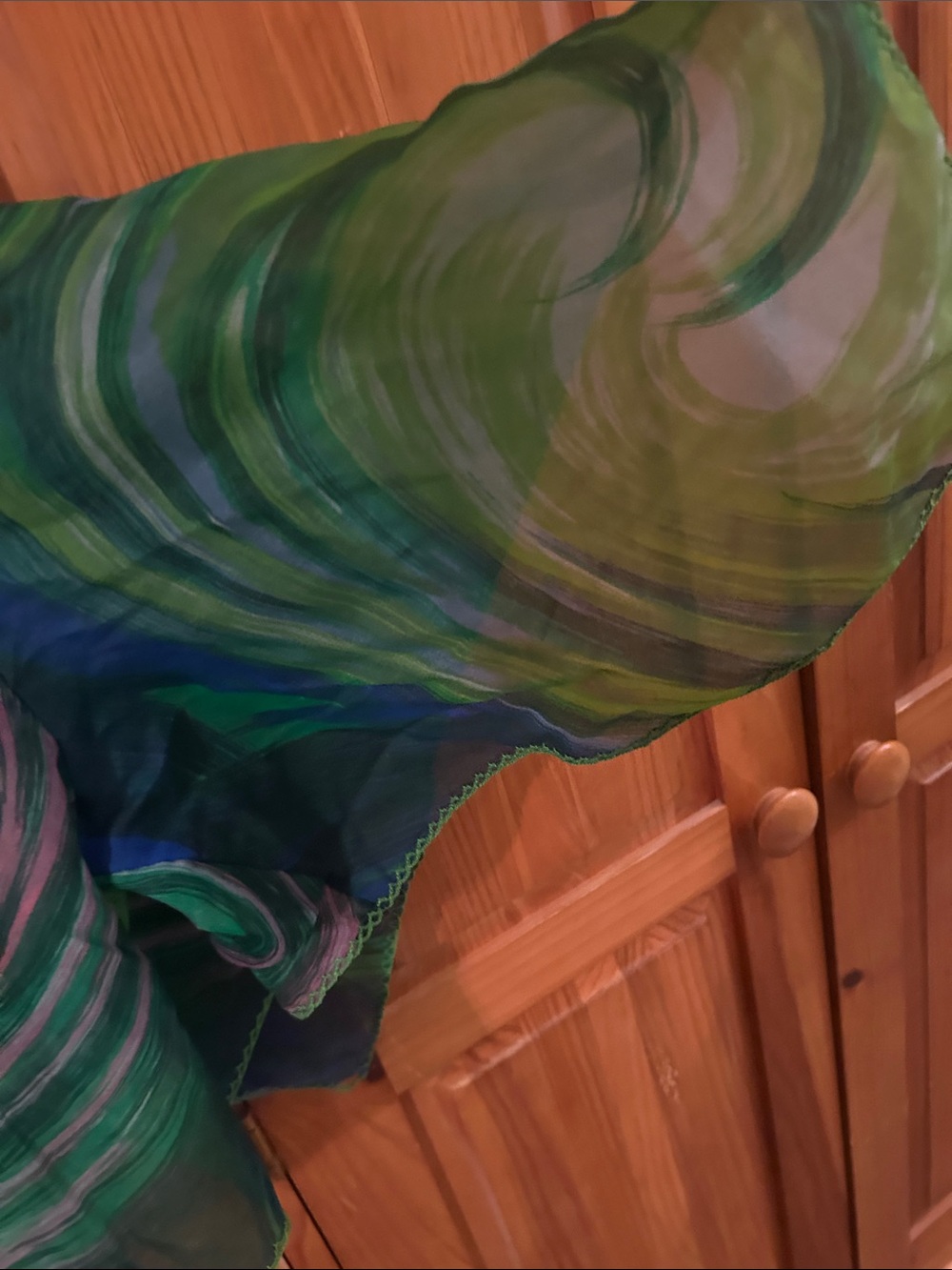 Sheer Silk Scarf Top in Green with Pink & Blue Swirls - Picture 3 of 3